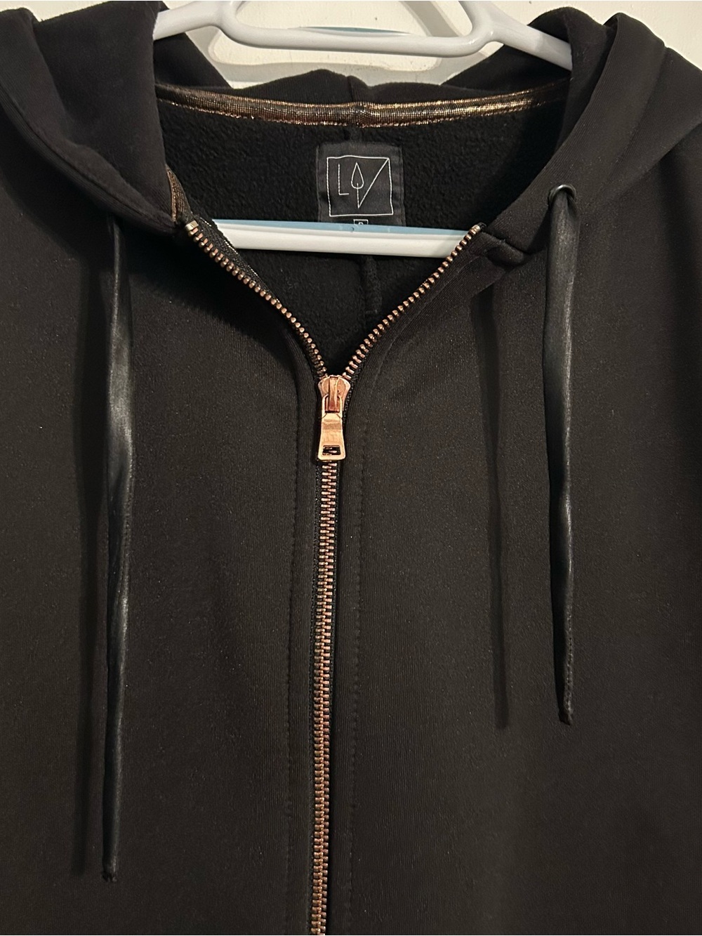 Lime & Vine Women’s Black Zip-Up Hooded Fleece Jacket Rose Gold Zipper Small